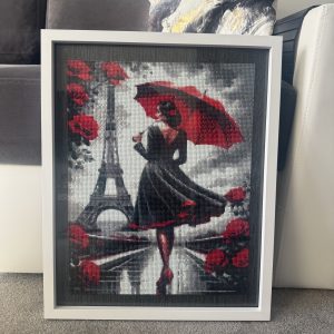 Chic Parisian Romance | Framed Handmade Diamond Art | Woman with Red Umbrella 5D 40cmx50cm